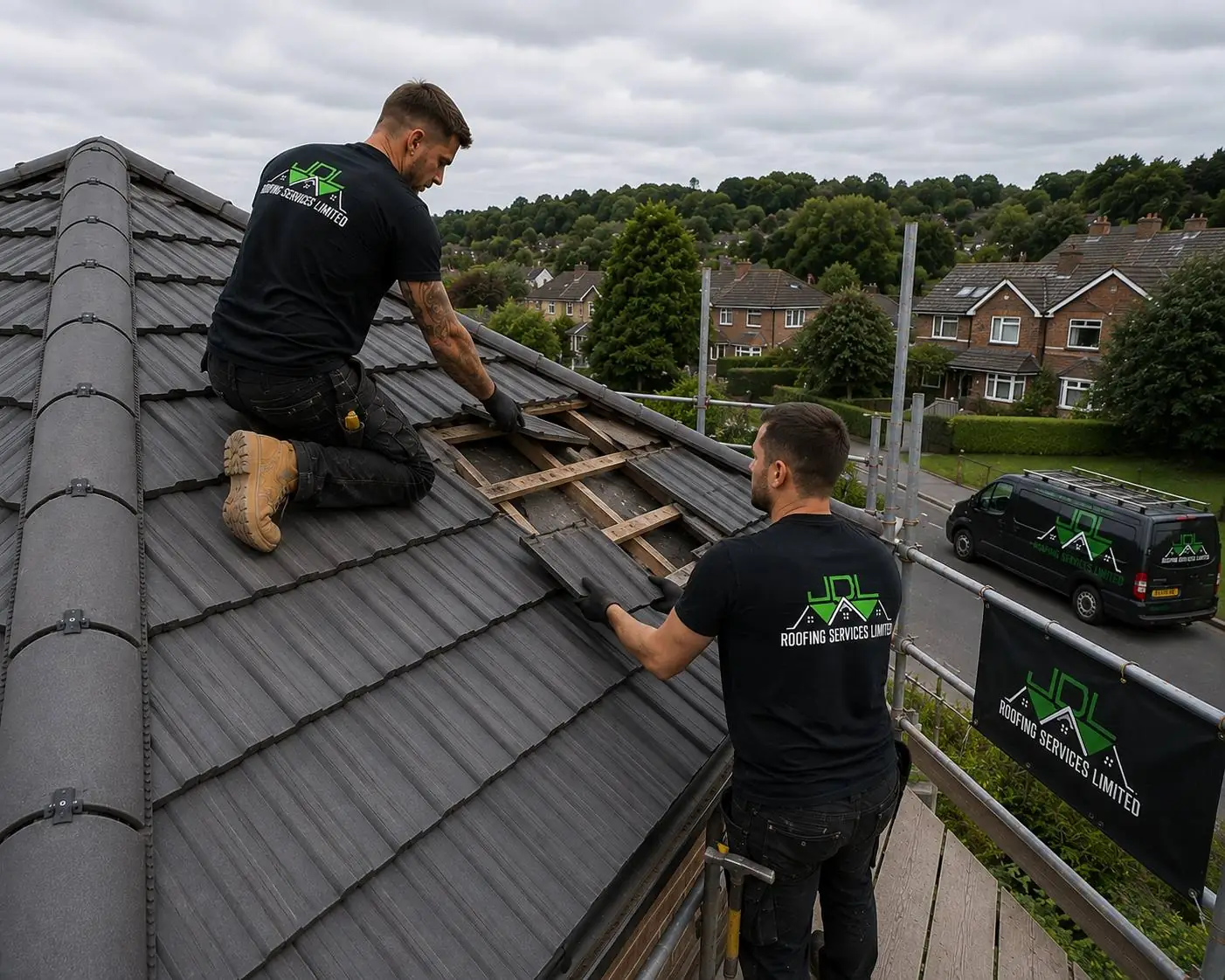 JDL Roofing crew re-roofing a house in Coventry